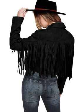 Women’s Black Red Fringe Faux Suede Western Leather Jacket Casual Stylish